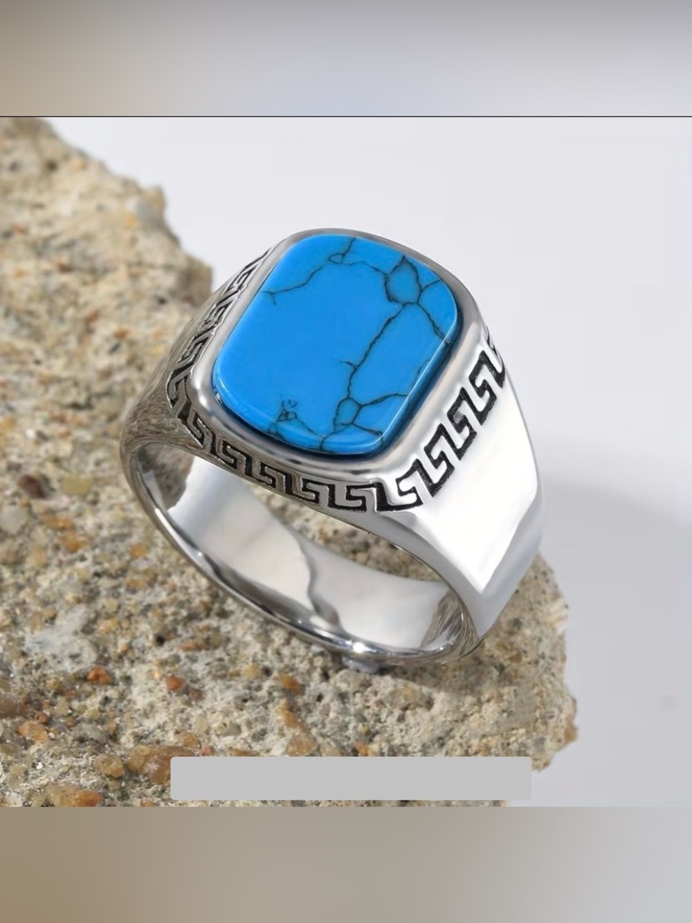 Men’s Natural Turquoise Flat Gemstone Signed Ring 316L Stainless Steel